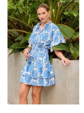 Blue Paisley Mini Dress with Ruffle Skirt